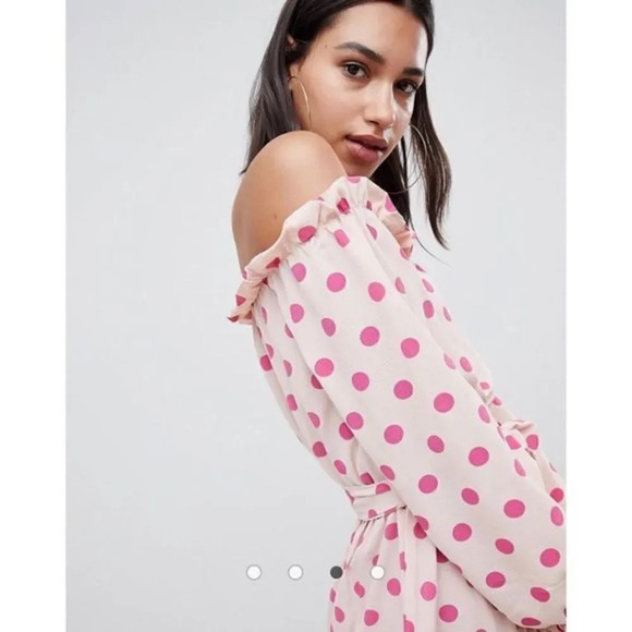 PrettyLittleThing Beige & Pink Polka Dot Bardot Tie Waist Shift Mini Dress 2 - Picture 3 of 6